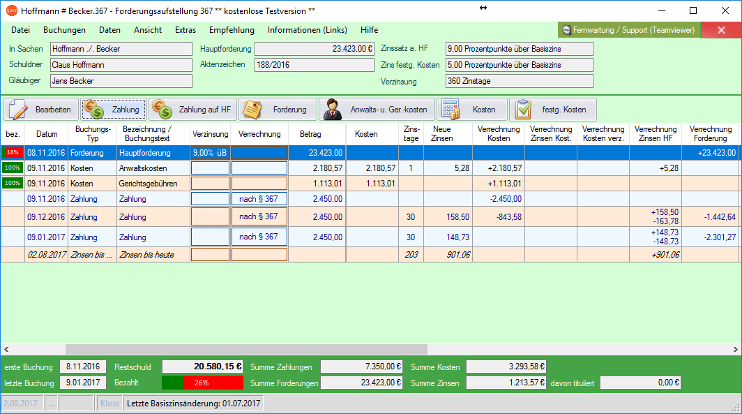 Screenshot: Hauptfenster Software Forderungsaufstellung 367